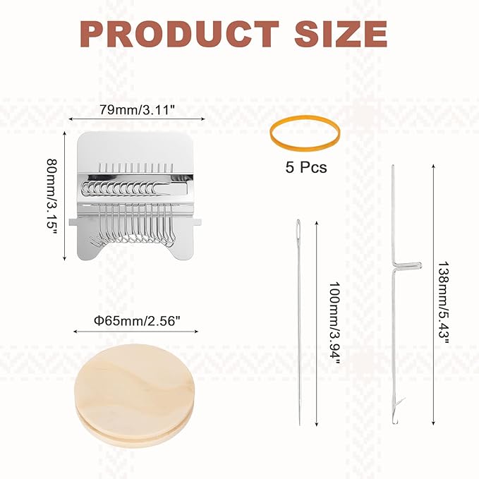 MECCANIXITY Mini Darning Loom, 12 Hooks Wood Weaving Knitting Machine with Knitting Needles for Repair Jeans Socks DIY Craft, Knit Patch Loom Weave Tool, Silver