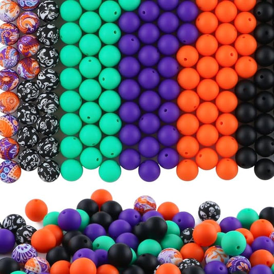 150Pcs Mixed Color 15mm Silicone Beads for Keychain Making, Purple Orange Halloween Print Silicone Beads for Pens and Bracelet Jewelry Making