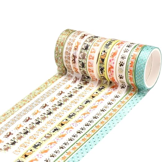 YUBBAEX 10 Rolls Sparkling Washi Tape Set 8mm Skinny Gold Foil Decorative Masking Washi Tapes for Journal,Scrapbook, Planner, DIY Crafts (Cartoon Doggy)