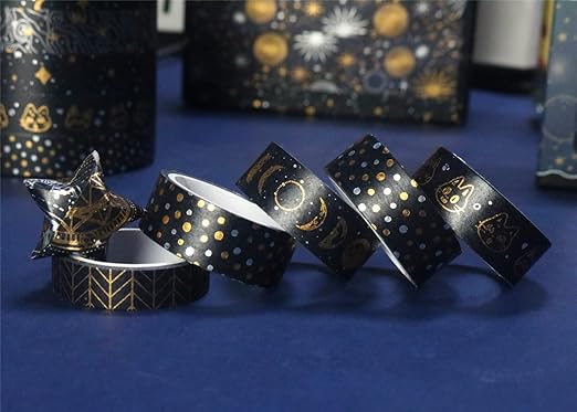 YUBBAEX Mystic Gold Washi Tape Set Wide Silver Foil Masking Tape Decorative for Arts, DIY Crafts, Journal Supplies, Planners, Scrapbook, Card/Gift Wrapping (Dark Night)