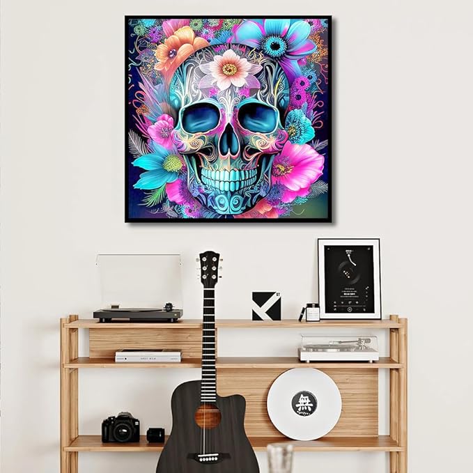 igoodom Diamond Art Kits for Adults, Sugar Skull Diamond Painting Kit, Full Drill Round Skull Flower Diamond Art Kits, DIY Gem Art and Crafts for Home Wall Decor Gift 13.78x13.78inch