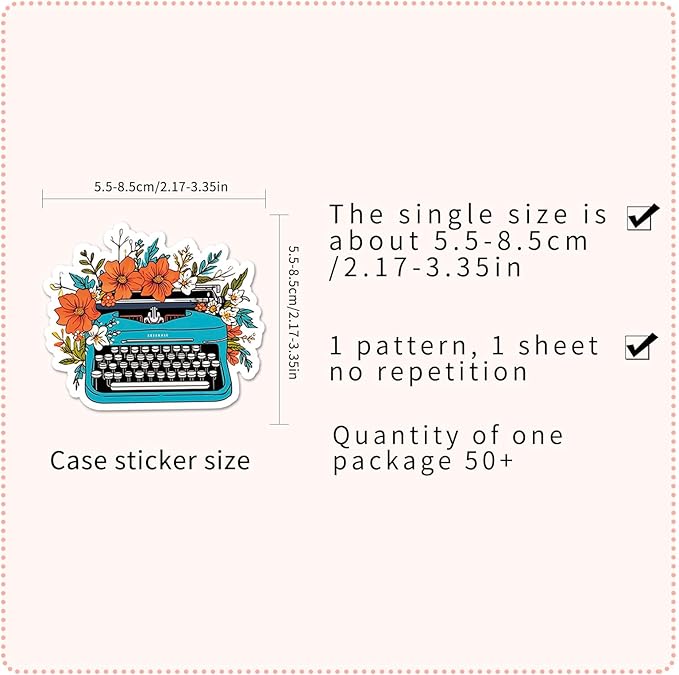Retro Typewriter Stickers for Scrapbooking,50pcs Vintage Typewriter Decals, Waterproof Vinyl Stickers for Journals, Laptops, Home Decor, Ideal for Kids Adults