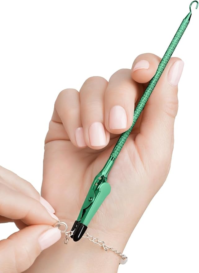 Bracelet Helper Tool with Hook - Fastener Helper Tool for Bracelet, Necklace, Jewelry, Watch - Clip, Clasp Helper - Portable, Easy-to-Use, Made of Metal - Emerald