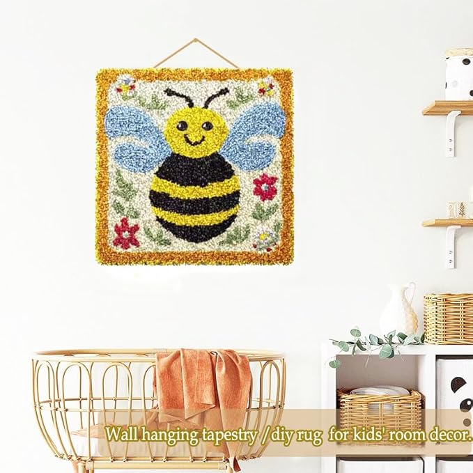 YP Small Latch Hook Kits Rug Bee Crochet Yarn Cushion Colour Pre-Printed Canvas Rug Needlework DIY Embroidery Craft Latch Hook Kit for Beginner,12'' X12''