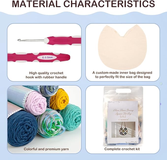 Hanfetch Crochet Kit for Advanced or Intermediate Beginner, Step by Step Video Tutorial and Detailed Guide Instruction DIY Craft Supplies for Adult and Kid with Complete Kit for Granny Square Tote Bag