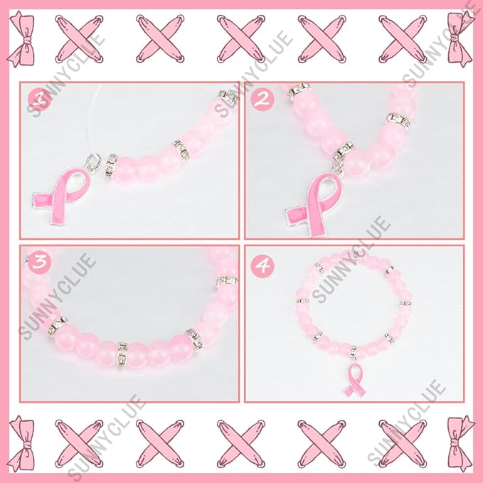 SUNNYCLUE 1 Box DIY 6 Sets Breast Cancer Awareness Bracelets Pack Pink Ribbon Charms Beading Bracelet Making Kit Hope Health Aware Charm Imitation Jade Round Beads for Jewelry Making Kits Women Craft