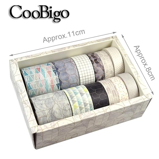 CooBigo Washi Tape Set, 12 Rolls 4 Size Decorative Masking Washi Tapes for Craft, Scrapbook, DIY, Planners, Gift Wrapping (Geometric Pattern)