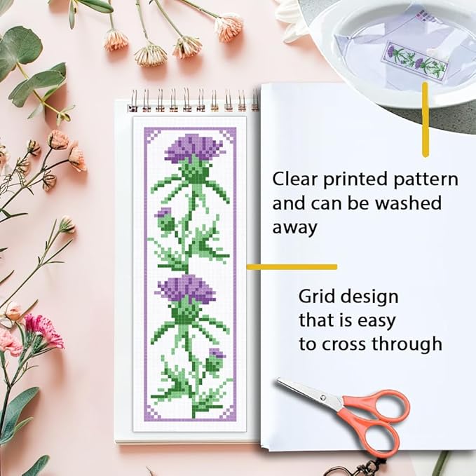 ORIGACH 6 Set Cirsium Cross Stitch Bookmark Kit for Beginners Include Cotton Thread, Aida Cloth, Backing Felt and English Instructions, Embroidery Bookmark Kit for Book Lovers