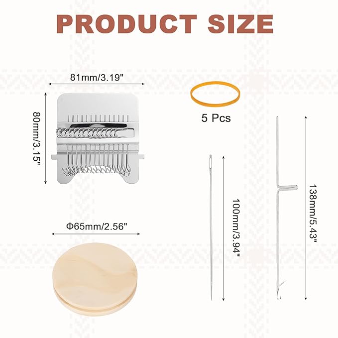 MECCANIXITY Mini Darning Loom, 14 Hooks Wood Weaving Knitting Machine with Knitting Needles for Repair Jeans Socks DIY Craft, Knit Patch Loom Weave Tool, Silver