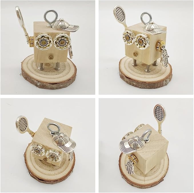 Mini Steampunk Robot Model Building Kit for Adults, Teens, Kids - Desk Figures DIY Project Construction with Wood & Metal - Perfect Gifts, Office Decor, STEAM Education - Keychain Charms (Tennis Boy)