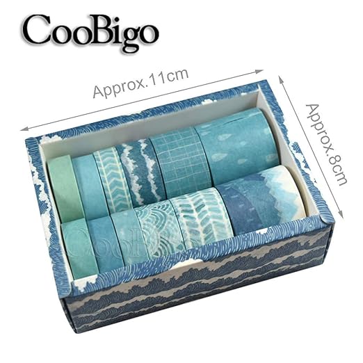 CooBigo Washi Tape Set, 12 Rolls 4 Size Decorative Masking Washi Tapes for Craft, Scrapbook, DIY, Planners, Gift Wrapping (Blue Track)