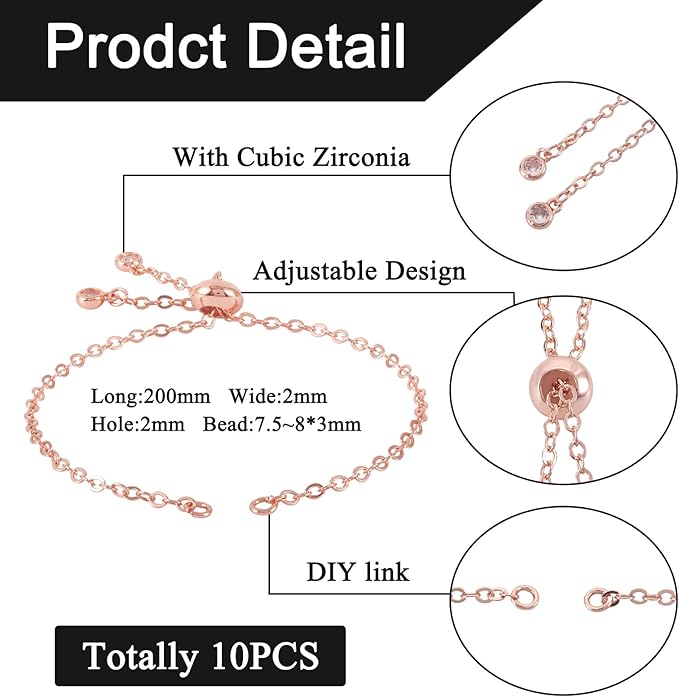 FASHEWELRY 10Pcs Adjustable Slider Bracelet Rose Gold Cable Bracelet Chains Slider Extender Chains with Cubic Zirconia Ends for Woman Jewelry Making, 7.87 Inch Long