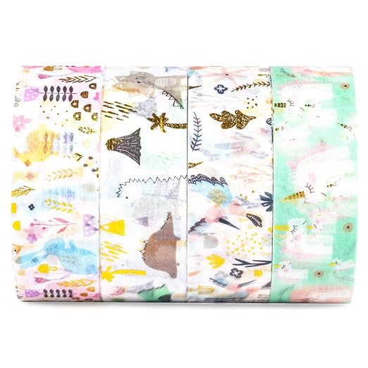 YUBBAEX Gold Washi Tape IG Style Silver Foil Masking Tape Set Decorative for Arts, DIY Crafts, Journal Supplies, Planners, Scrapbook, Card/Gift Wrapping -4 Rolls x 15mm- (Fairy Animals)