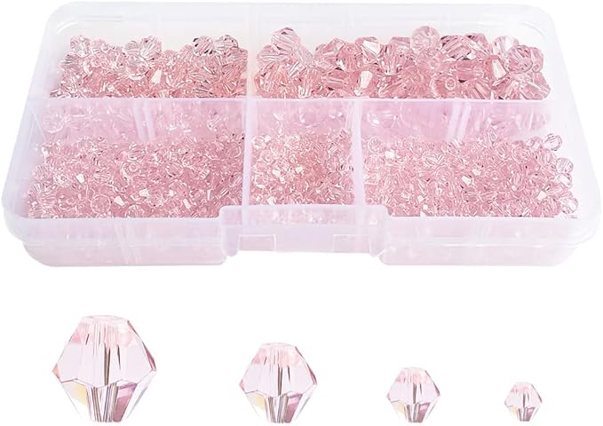 Light Pink Bicone Glass Beads for Jewelry Making, Faceted Crytal Spacer Beads for Bracelet Necklace Earring (3mm 4mm 6mm 8mm Mixed Sizes, 1040pcs)