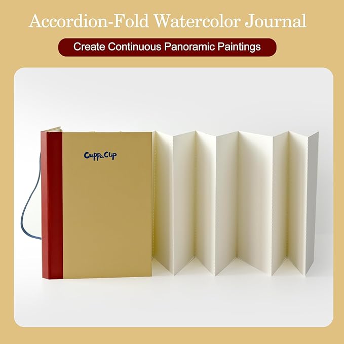 CuppaClip Accordion Watercolour Sketchbook 300GSM Cotton Paper Art Supplies Hardback Concertina Watercolor Travel Journal (Yellow, 5.3x7.6in)