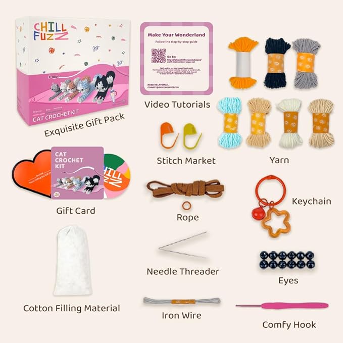 ChillFuzz Animal Crochet Kit Beginner Crochet Kit for Adults with Yarn Hook and Instructions Fun DIY Craft Kit Yoga Cat
