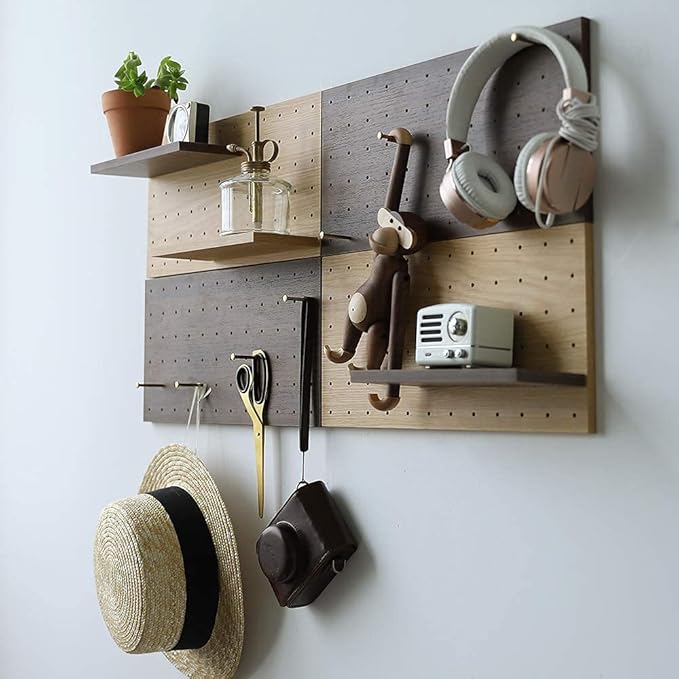 Wooden Pegboard Modular Display Organization Storage Wall Hooks Shelf 15.2in x 7.6in 2-Pack (Color:Walnut)