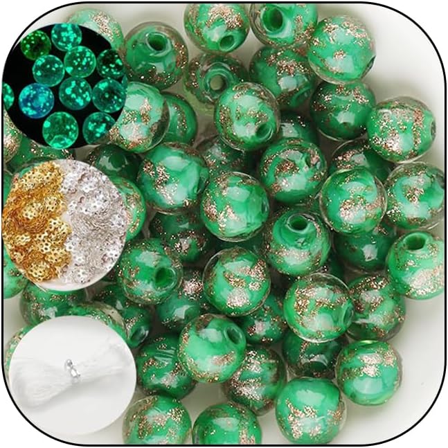 200 PCS 8mm Glow in The Dark Beads Bulk Round Luminous Glass Beads with Holes for Jewelry Making Bracelets Earrings Necklace Glow Loose Spacer Ball Bead DIY Craft Kit (Green Porcelain)