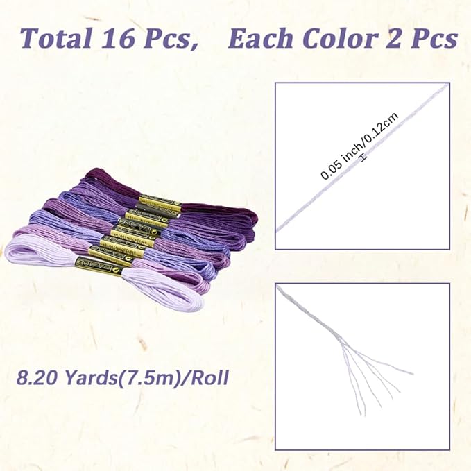 16 Skeins 131 Yards Embroidery Thread Friendship Bracelets String Cross Stitch Threads Cotton Floss Yarn DIY 6 Ply 1.2mm for Making Sewing Needlework Knitting Stitching Craft Supply Purple