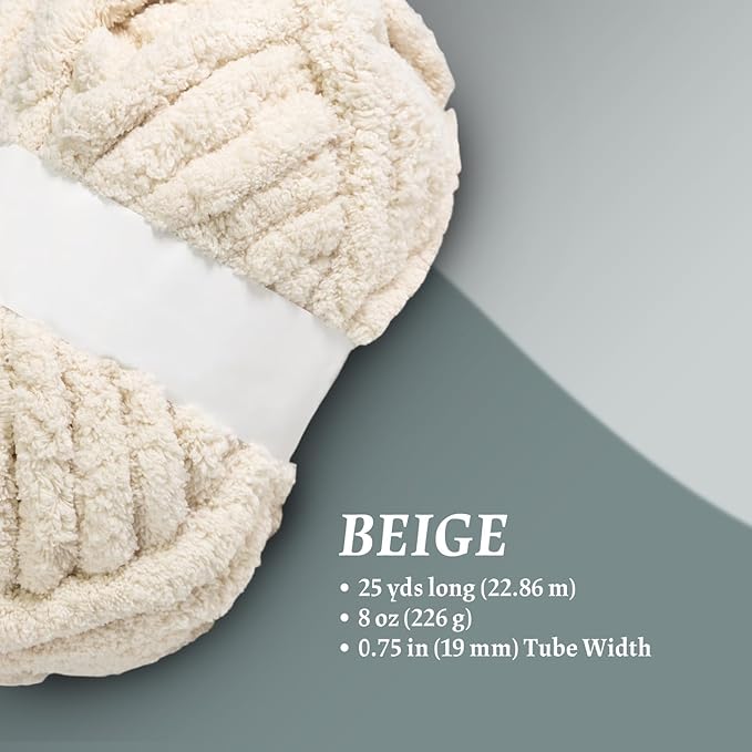 Super Soft Chunky Chenille Yarn – 8 Skeins × 8 oz (25 Yards Each) Jumbo Bulky Yarn for Crochet & Hand Knitting Blankets, Sweaters, Cushions, DIY Projects (Beige)