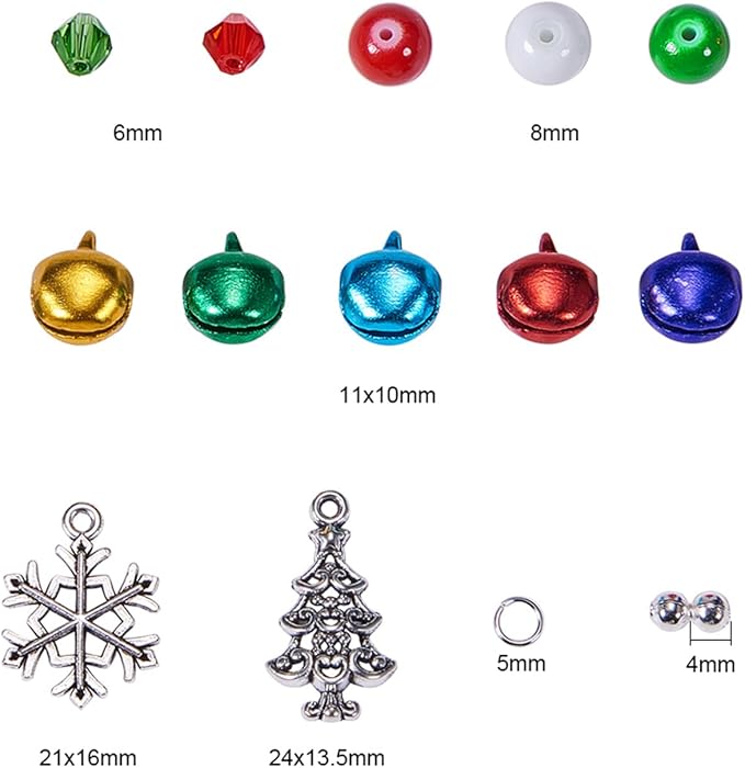SUNNYCLUE 1 Box 263Pcs 6 Sets Christmas Adjustable Bracelet Making Kit Snowflake Christmas Tree Holiday Jingle Bells Winter Charms Red Green Beads for Jewelry Making Kits Women Adults Xmas Gifts