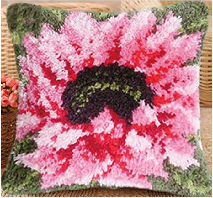 LAPATAIN Latch Hook Kits for DIY Throw Pillow Cover,Pink Flower Needlework Cushion Cover Hand Craft Crochet for Great Family 17X17inch