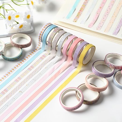 Washi Tape Set 20 Rolls Cute Vintage Washi Tape Decorative Tapes Adhesive Craft Washy Pattern Tapes for Scrapbooking Arts DIY Crafts Journal Planners Gift Wrapping Junk Journal Supplies, Cute