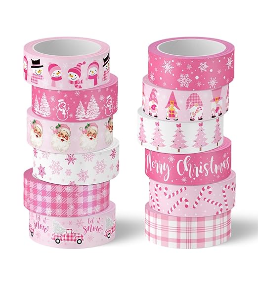 Whaline 12 Rolls Pink Christmas Washi Tape Winter Snowflake Santa Xmas Tree Washi Tape Christmas Holiday Pink Decorative Masking Tape Assortment for Scrapbook Journal DIY Crafts Gift Wrapping