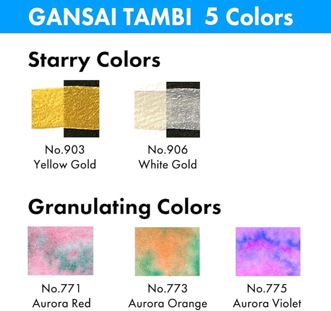 Kuretake Gansai Tambi IRODORI KOBAKO（SAKURA PATTERN）-Limited Edition, 5 Color Watercolor Set with Water Brush Pen & Black Pen, Granurating and metalic, Made in Japan, MC23-13A
