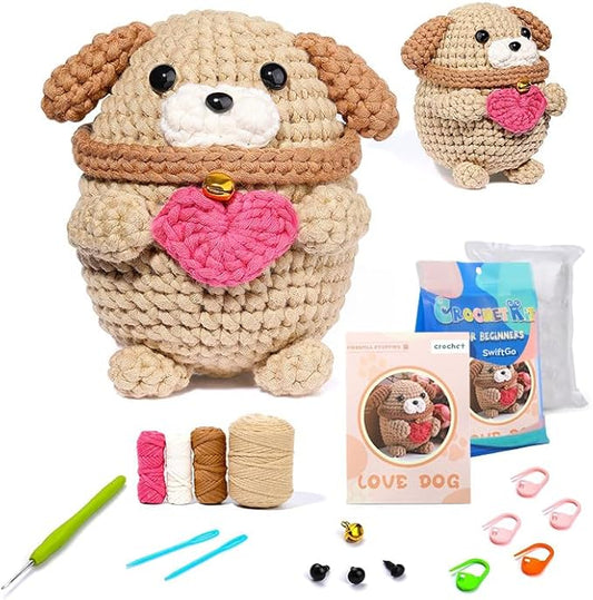 SwiftGo Crochet Kit for Beginners, Dog Crochet Animal Kits with Step-by-Step Video Tutorials, Beginner Amigurumi Crochet Starter Kit for Adults Kids, Holiday Birthday Gift