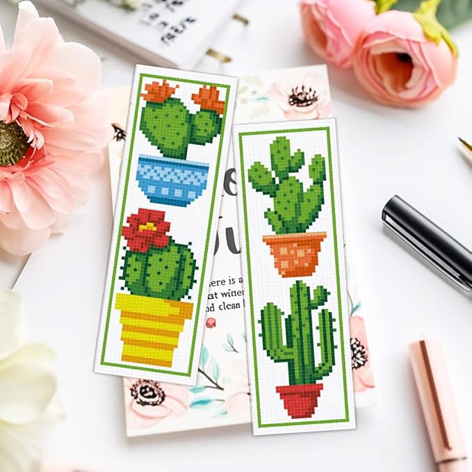 ACRNIGHEET 6PCS Cactus Cross Stitch Bookmark Kit for Beginner Stamped Cross Stitch Kits for Adults DIY Embroidery Bookmark Kits Crossstitch Kits Adult with Instructions Hand Craft Gift 11CT