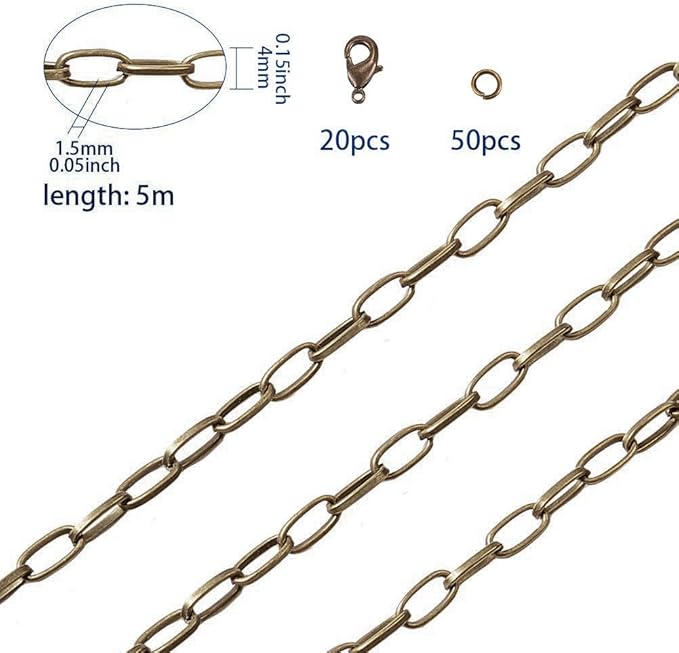 SUNNYCLUE 16.4Feet/ 5m Antique Bronze Curb Cable Chain Link Necklace Paperclip chain Large 20Pcs Brass Lobster Claw Clasps 50Pcs Brass Jump Rings Jewelry Chains for Jewelry Making Supplies DIY Craft