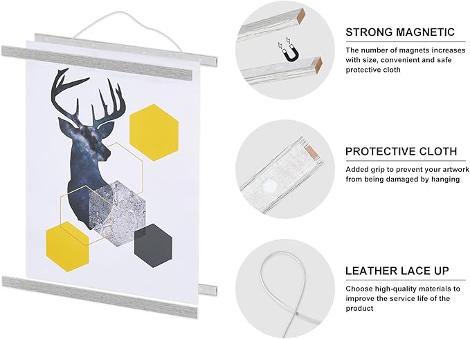 Magnetic Poster Hanger, 14x22 14x20 14x24 Poster Frame Wood Wooden Magnet Print Posters Dowel Scroll Hanger Hangers Hanging Kit for Walls Map Canvas Artwork (Grey, 14")