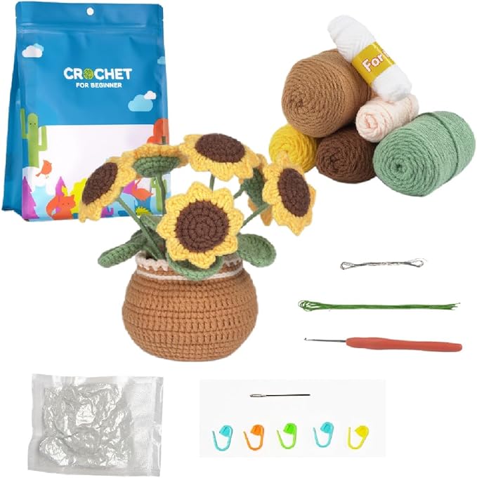 Sunflower Crochet Kit – Make a Large Blooming Plant Pot | Vibrant Home & Desk Decor | Beginner-Friendly DIY Gift with Video Tutorial | Happy Sunshine Craft