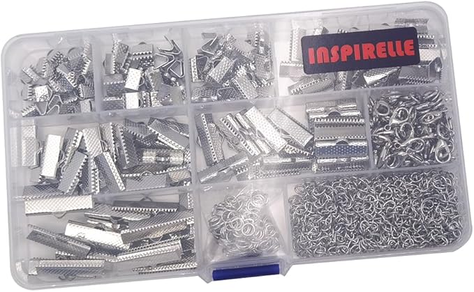 INSPIRELLE 100 Sets Assorted Size Rhodium Ends for Ribbon Bracelet Bookmark Making Crimps Kit with Lobster Clasps and Chain Extenders