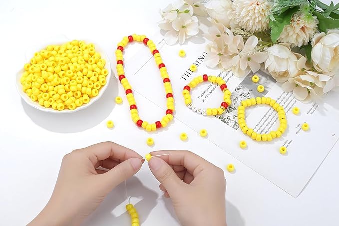 1000Pcs Yellow Pony Beads Crafts 6x9mm Bulk Bead for Keychain Necklace, Plastic Beads, Hair Braids Clay Perler Pony Kandi Bead for Jewelry Making Bracelets(Yellow)