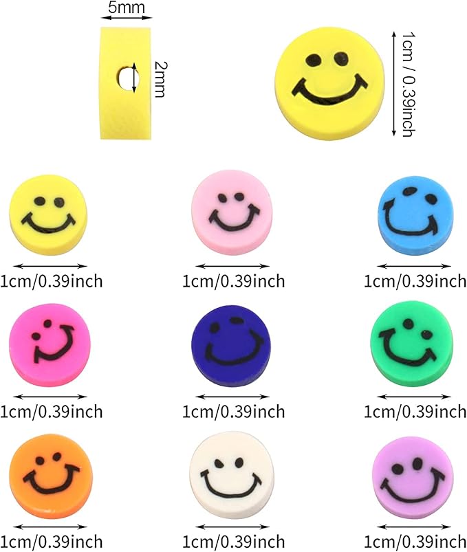 200PCS Colorful Smiley Face Beads 10mm Round Happy Face Polymer Clay Beads for Jewelry Making