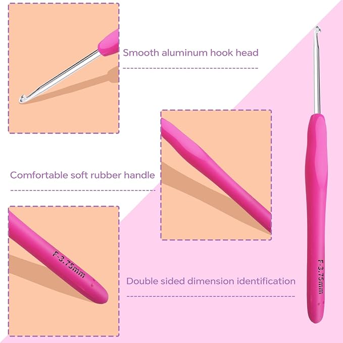 3.75mm Crochet Hook, Ergonomic Crochet Hooks with Soft Rubber Handle and Smooth Glide Head - Lightweight Aluminum Needles for Beginners, Arthritis, Yarn Projects, Long Crafting Sessions (3.75 mm)