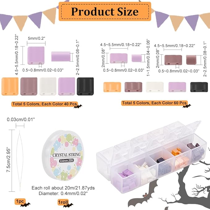 NBEADS About 500 Pcs Halloween Tile Bracelet Making Kit, Including Two Hole Glass Rectangle Beads, Big Eye Beading Needles, Elastic Thread for Bracelet Necklace Earring Jewelry Making