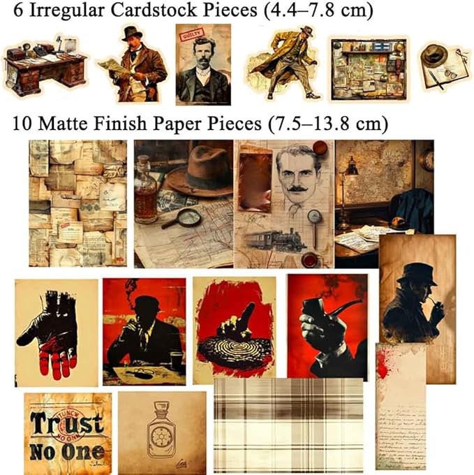 42Pcs Detective Gothic Scrapbook Paper Sheets for Junk Journal Supplies, Vintage Aesthetic Ephemera for Journaling, Decoupage, Scrapbooking, Dark Academia Wall Collage Room Decor Kit