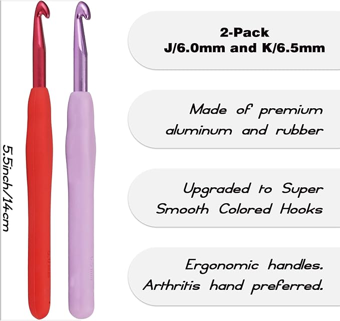YOJOB 2Pack Size J / 6mm, K / 6.5mm Crochet Hooks, Super Smooth & Ergonomic for Beginner and Advanced (6.0mm, 6.5mm)