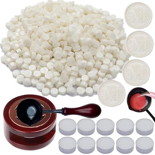 Wax Seal Warmer, ONWINPOR 400pcs Pearl White Sealing Wax Beads Kit with Warmer, Non-Slip Spoon, Candles for Envelopes, Stamp Letter Seal, Wedding Invitations (Pearl White)