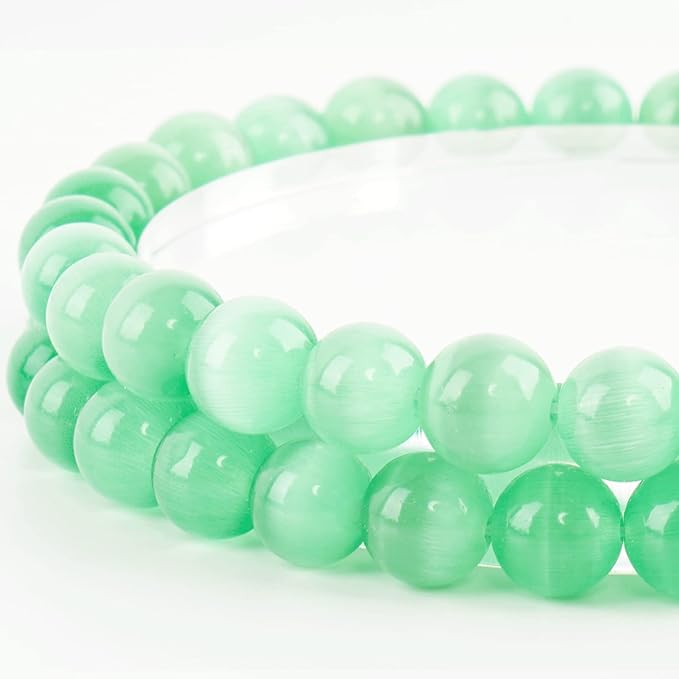 10mm Natural Green Cat Eye Round Bead - 35PCS Bulk Gemstone Beads for Jewelry Making, DIY Bracelets, Necklaces - Includes Crystal Stretch Cord - Beads for Crafting Gifts