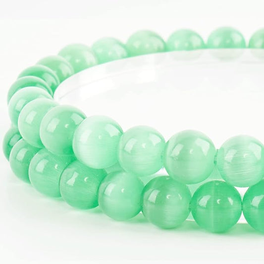 8mm Natural Green Cat Eye Round Bead - 45PCS Bulk Gemstone Beads for Jewelry Making, DIY Bracelets, Necklaces - Includes Crystal Stretch Cord - Beads for Crafting Gifts