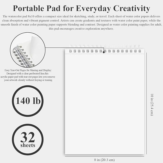 fuxi 8x10 watercolor paper, 140lb cold press watercolor spiral notebook, 32 sheets (64 pages) water color sketchbook, art supplies adults professional.