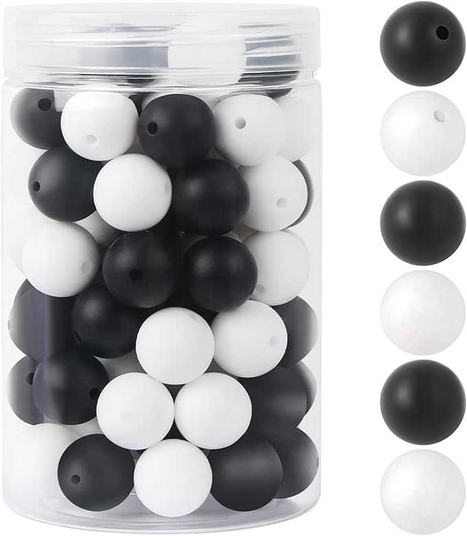 110 Pcs Silicone Focal Beads, EVERMARKET 15mm Silicone Beads for Keychain Making, Round Silicone Beads Bulk with Bottle, Rubber Loose Beads for Pens Crafts Necklace Bracelet Lanyard (Black White)