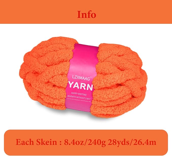Chunky Chenille Yarn for Hand Knitting and Blankets, Super Soft Jumbo Yarn Pack for Crocheting, Bulky DIY Projects, 8 Skeins, Rust Orange