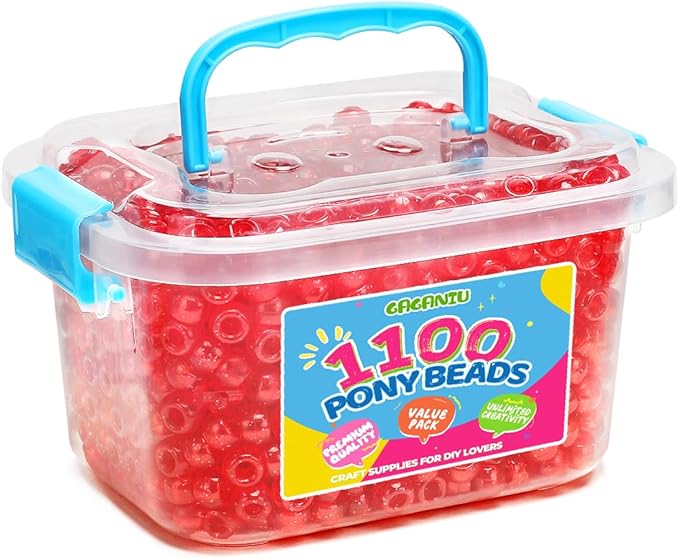 gaganiu pony beads 1100+ pcs – glitter red plastic kandi beads in jar for bracelets, hair braids, jewelry making & diy crafts