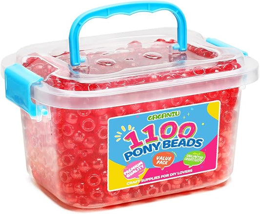 gaganiu pony beads 1100+ pcs – glitter red plastic kandi beads in jar for bracelets, hair braids, jewelry making & diy crafts