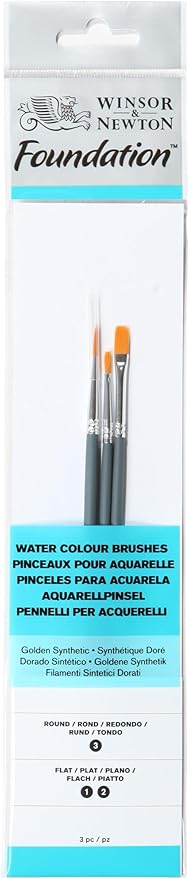 Winsor & Newton Foundation Watercolour Brush Set, Short Handle, Round & Two Flat, 3 Pack